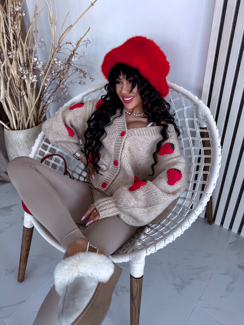 Megzta vilnos striukė "SWEET RASPBERRY" - BĖŽINĖ SU RAUDONA