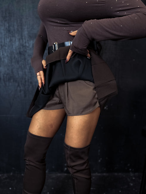 Pleated Skort with Double Belt J72 - CHOCO