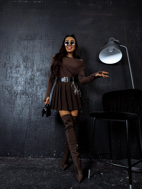 Pleated Skort with Double Belt J72 - CHOCO