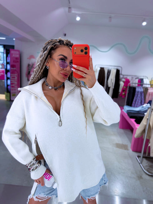 Sweater with Zipper "HER" 05# - WHITE