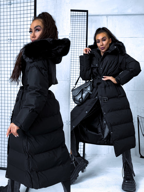 Classic long winter coat with belt - black PRE-ORDER