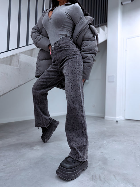 LUX džinsa bikses ar kristāliem "FULL MOON" T6003-7 - GRAFĪTA