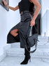 Black imitation leather LONG skirt with insulation T50-24