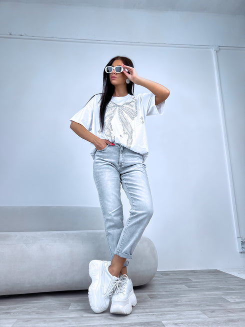 BALTS, ONE SIZE pagarināts T-krekls "KRISTĀLU BANTE"