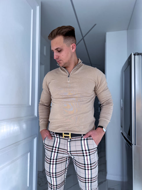 Rūtotas vīriešu bikses - bēšas ar baltām līnijām