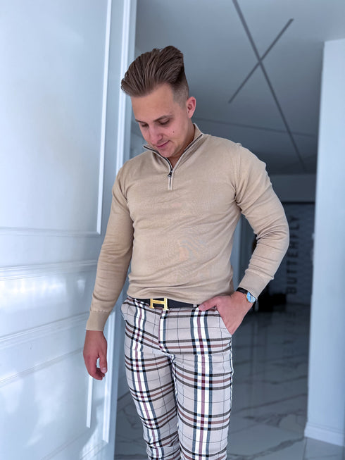 Rūtotas vīriešu bikses - bēšas ar baltām līnijām