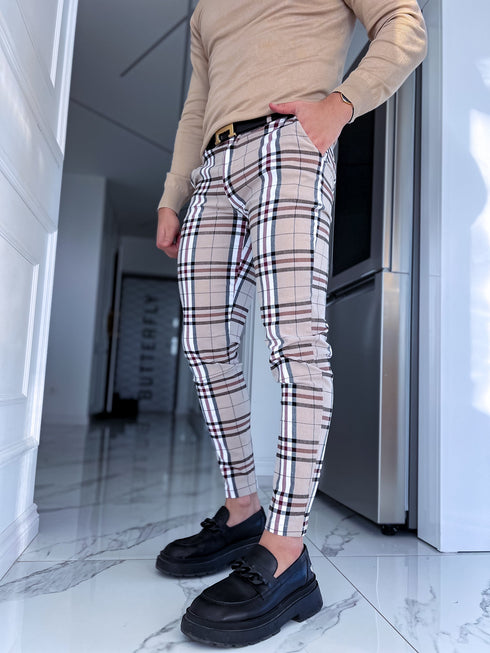 Rūtotas vīriešu bikses - bēšas ar baltām līnijām