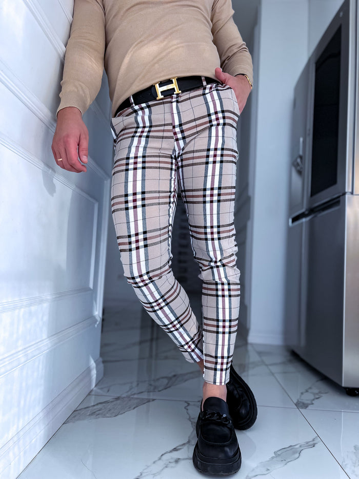 Checked men's pants - beige with white lines