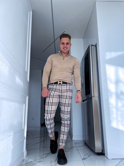 Rūtotas vīriešu bikses - bēšas ar baltām līnijām