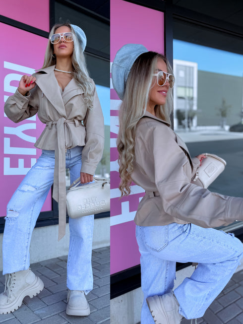 Куртка из искусственной кожи "WAIST ACCENT" S-6253 - БЕЖЕВАЯ