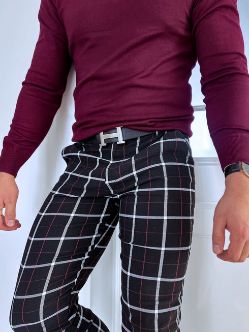 Rūtotas vīriešu bikses - melnas ar sarkanu 65-2