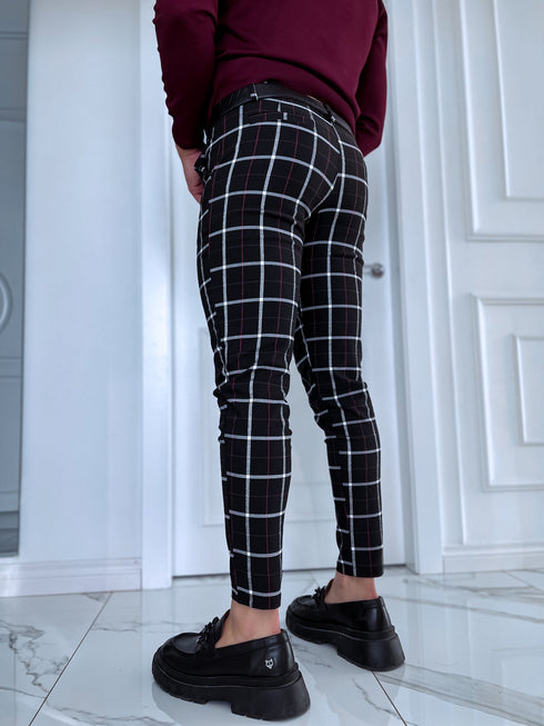 Rūtotas vīriešu bikses - melnas ar sarkanu 65-2