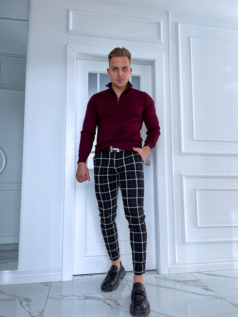 Rūtotas vīriešu bikses - melnas ar sarkanu 65-2