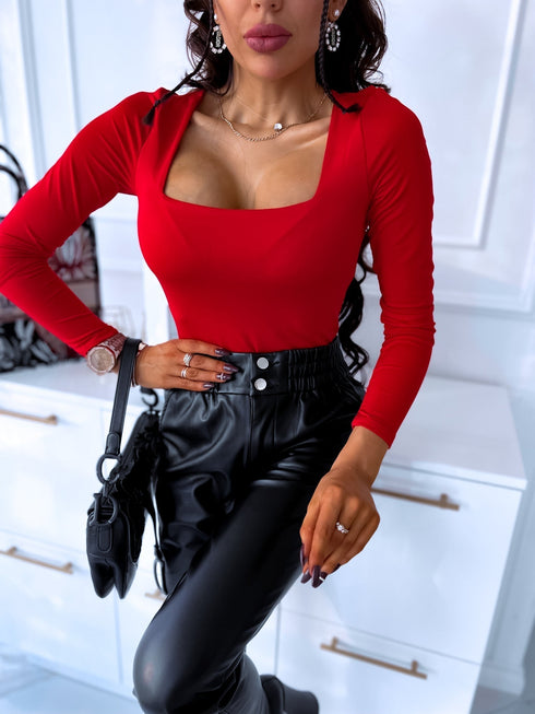 Red, basic PUSH-UP tops with square neckline