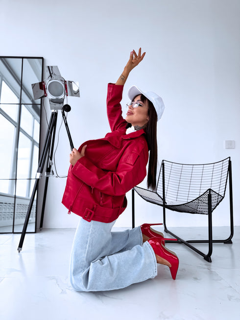 Oversize, faux leather jacket with belt PU28 - red