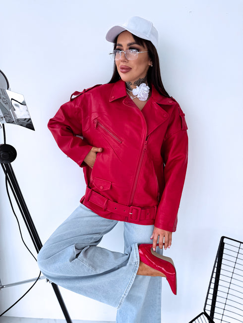Oversize, faux leather jacket with belt PU28 - red