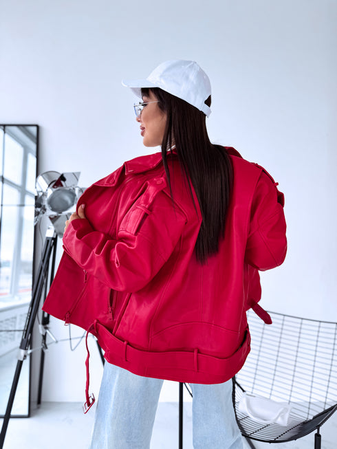 Oversize, faux leather jacket with belt PU28 - red