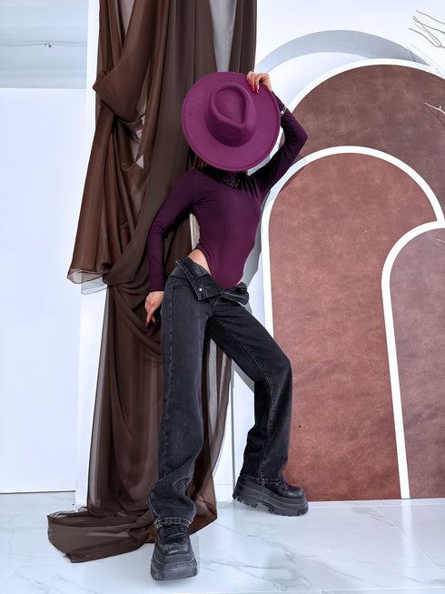 Баклажаново-фиолетовое боди ОДНОЦВЕТНОЕ с высоким воротником H73