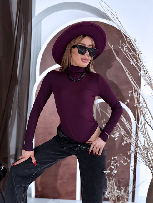 Баклажаново-фиолетовое боди ОДНОЦВЕТНОЕ с высоким воротником H73