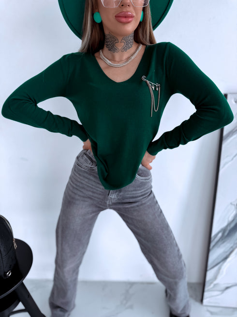 Sweater with V-neck "ALIVE W2001" - EMERALD GREEN