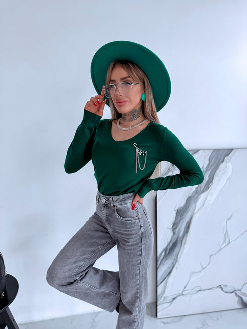 Sweater with V-neck "ALIVE W2001" - EMERALD GREEN