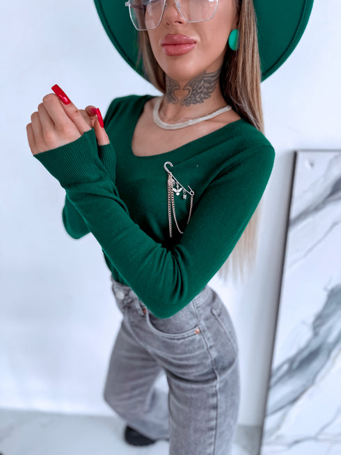 Sweater with V-neck "ALIVE W2001" - EMERALD GREEN
