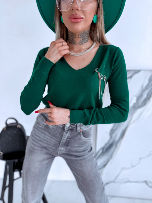Sweater with V-neck "ALIVE W2001" - EMERALD GREEN