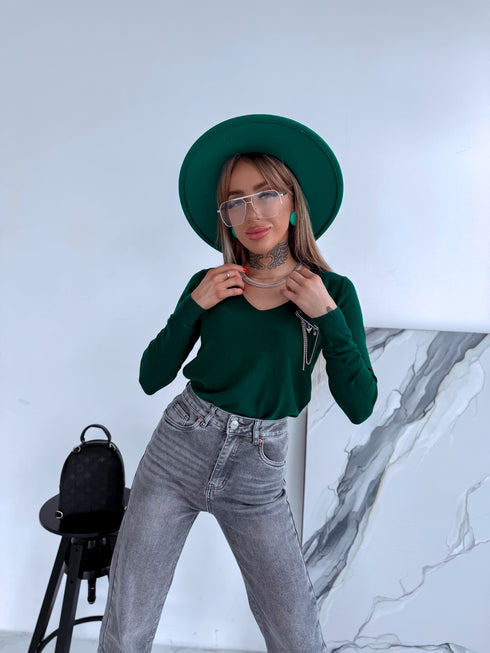 Sweater with V-neck "ALIVE W2001" - EMERALD GREEN