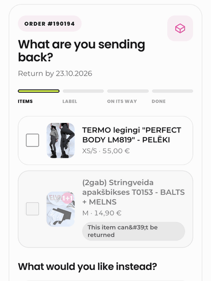 Return: select the item and reason