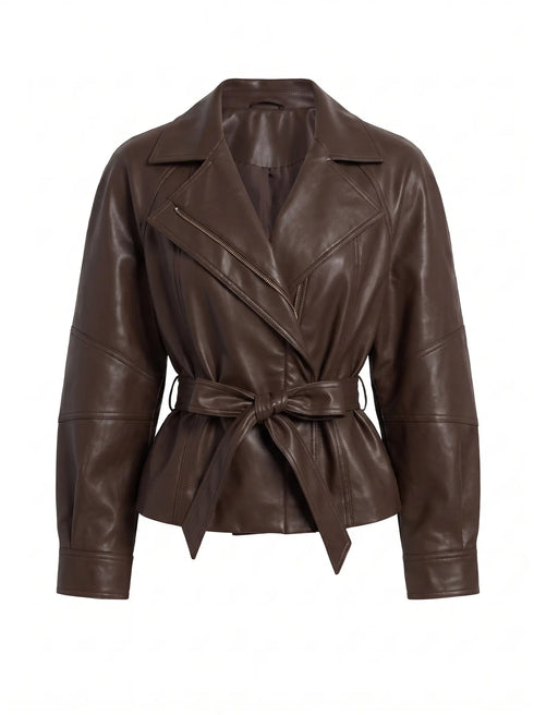 Ādas imitācijas jaka "WAIST ACCENT" S-6253 - CHOCO