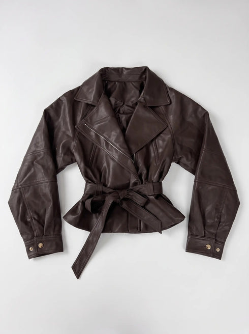 Ādas imitācijas jaka "WAIST ACCENT" S-6253 - CHOCO