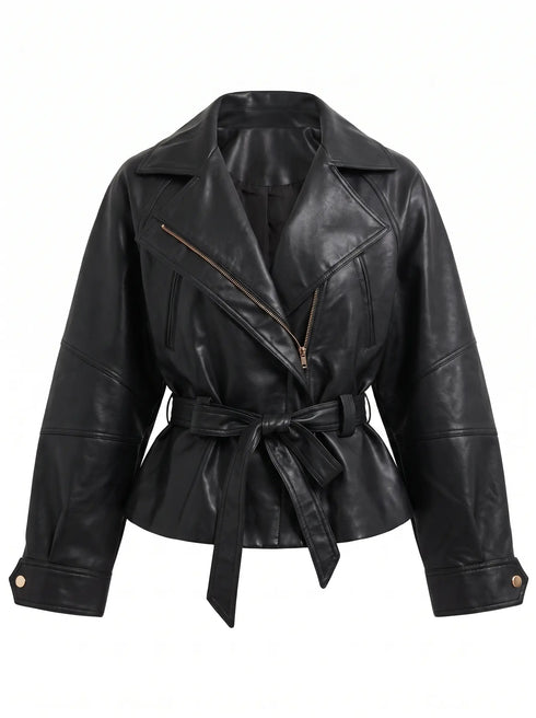 Faux leather jacket "WAIST ACCENT" S-6253 - BLACK