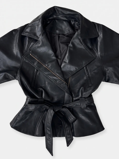 Faux leather jacket "WAIST ACCENT" S-6253 - BLACK