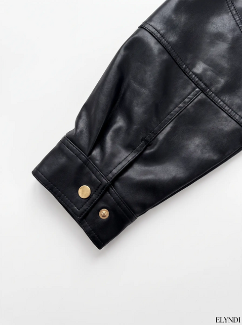 Faux leather jacket "WAIST ACCENT" S-6253 - BLACK