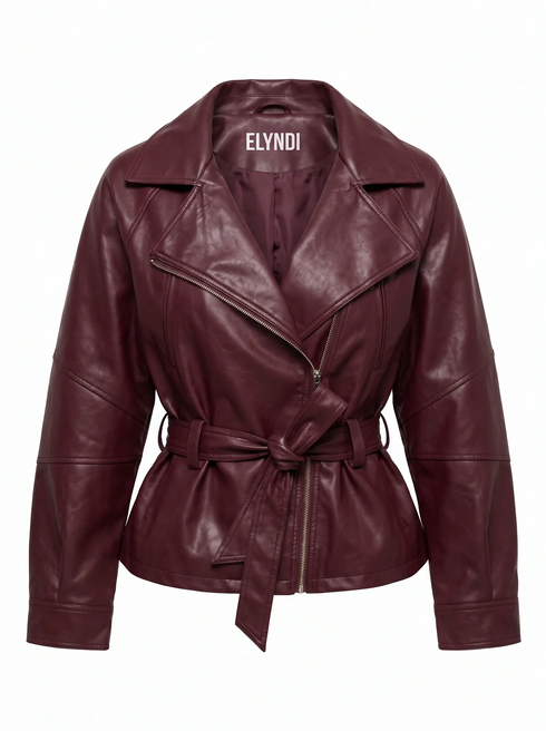 Faux leather jacket "WAIST ACCENT" S-6253 - BORDEAUX