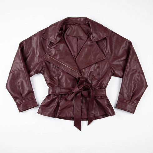 Faux leather jacket "WAIST ACCENT" S-6253 - BORDEAUX