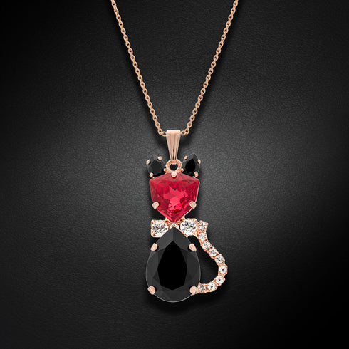 Pendant "Sunny Cat (Scarlet / Jet)" with Swarovski™ crystals
