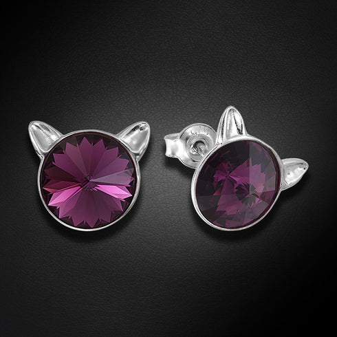 Children's Silver Earrings "Cat (Amethyst)" with Swarovski™ Crystals