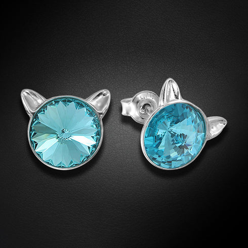 Children's Silver Earrings "Cat (Light Turquoise)" with Swarovski™ Crystals