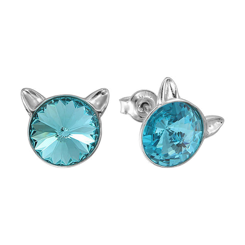 Children's Silver Earrings "Cat (Light Turquoise)" with Swarovski™ Crystals
