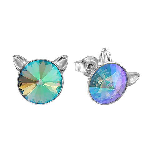 Children's Silver Earrings "Cat (Paradise Shine)" with Swarovski™ Crystals