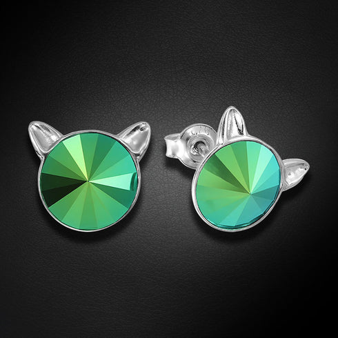 Children's Silver Earrings "Cat (Scarabaeus Green)" with Swarovski™ Crystals