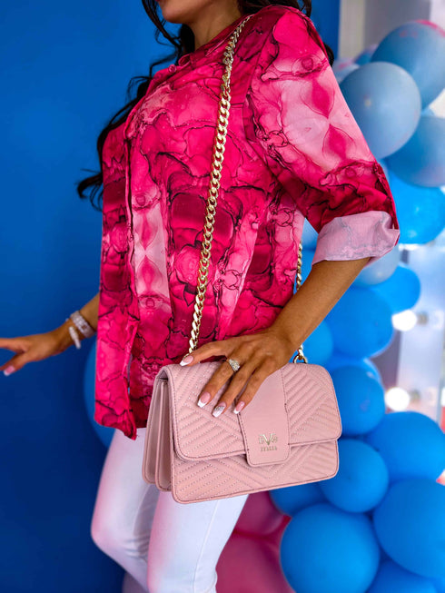 Pudros rožinės spalvos eko odos krepšys per petį su grandinės dirželiu