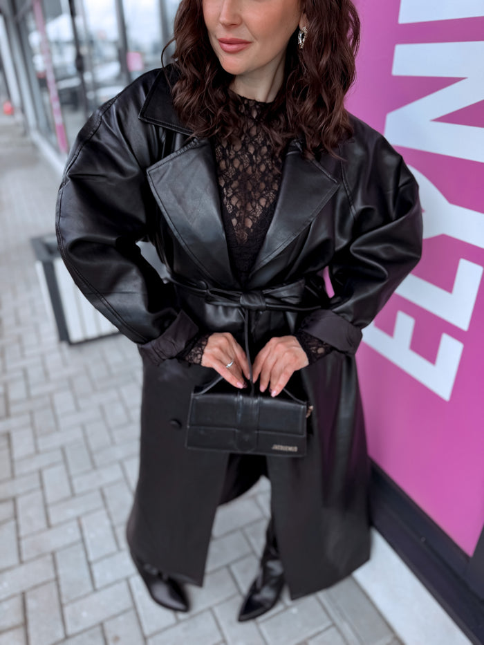 "NO SERVICE" faux leather trench coat 202355 - BLACK