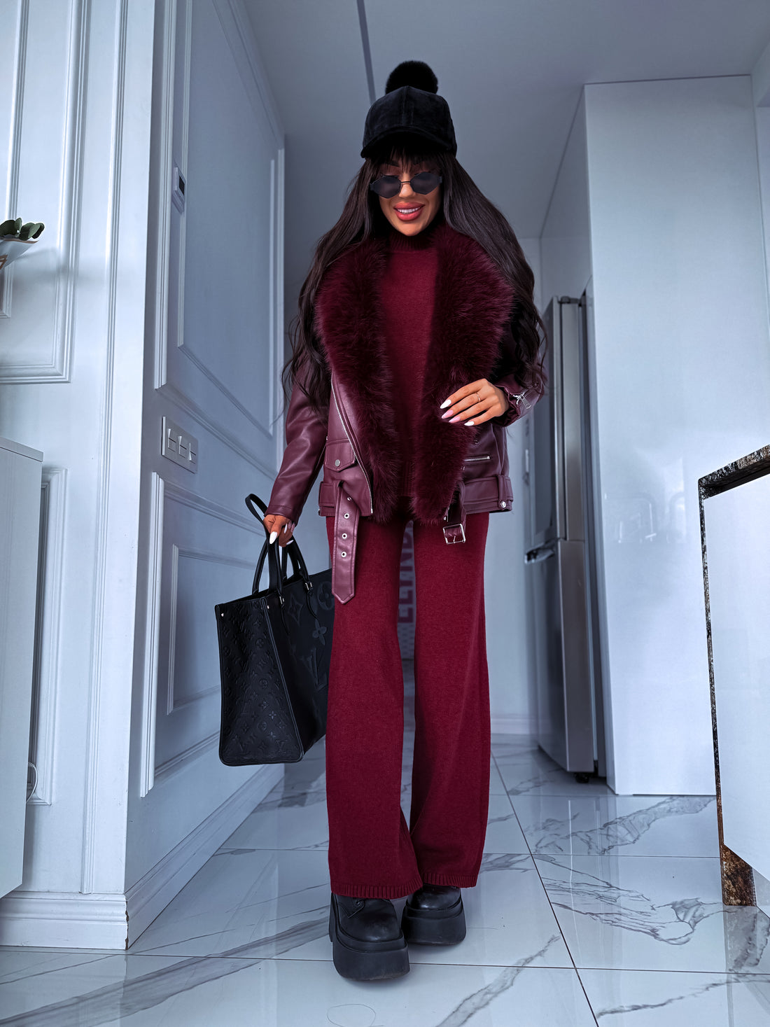 Burgundy jacket with burgundy fur trim "LUX FUR" CV2125 PRE-ORDER