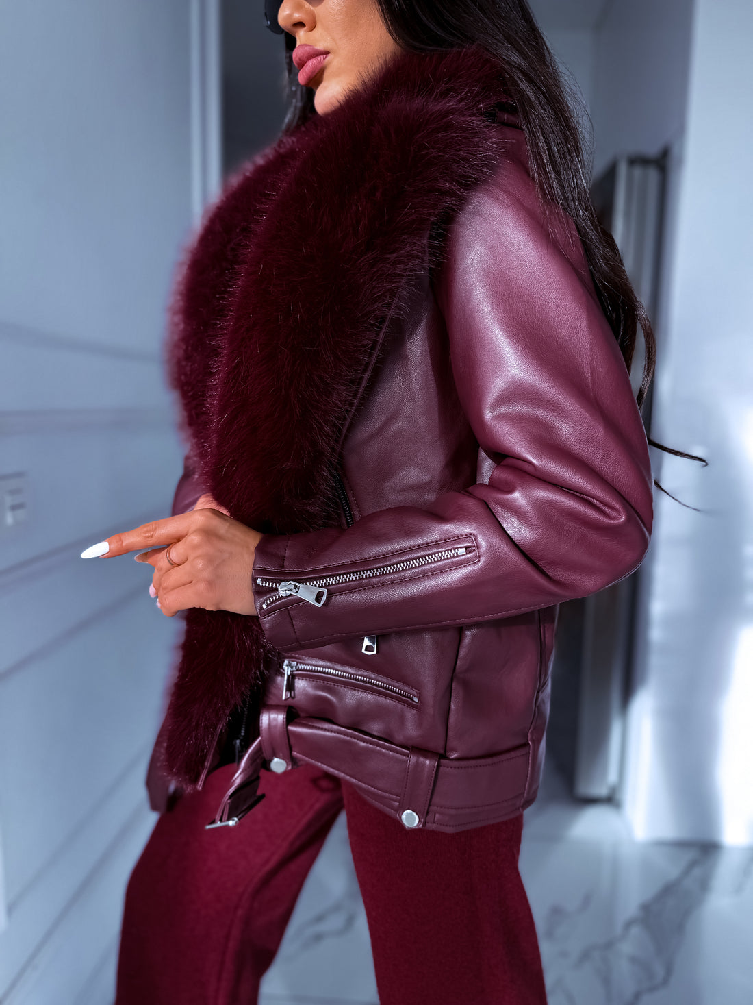 Burgundy jacket with burgundy fur trim "LUX FUR" CV2125 PRE-ORDER
