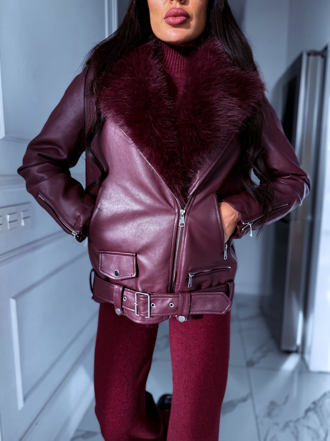 Burgundy jacket with burgundy fur trim "LUX FUR" CV2125 PRE-ORDER