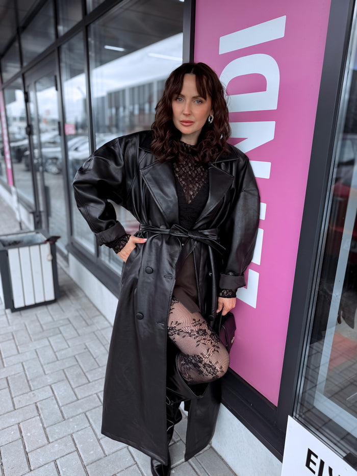 "NO SERVICE" faux leather trench coat 202355 - BLACK