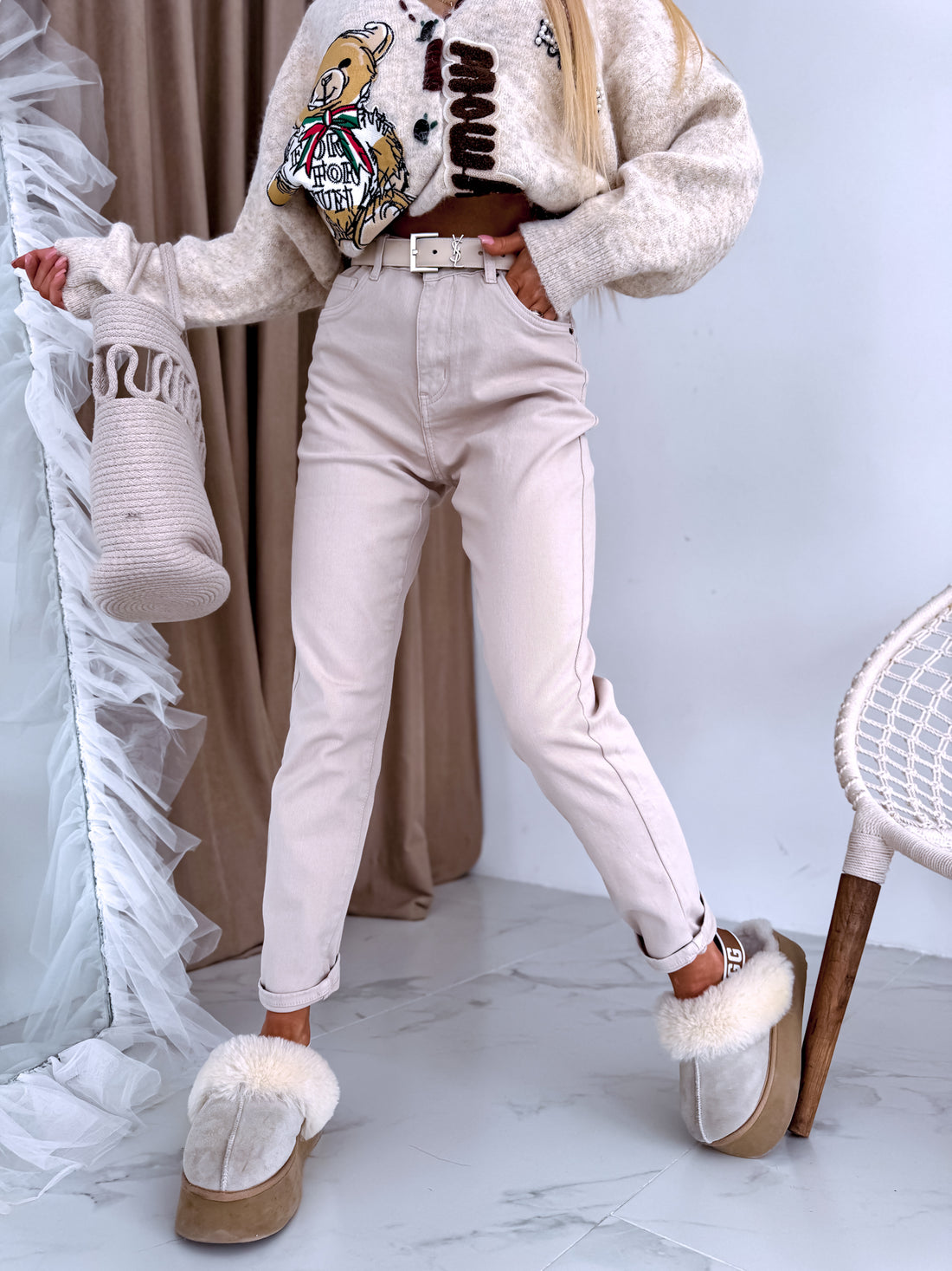 MOM FIT jeans "SPRING" 7855-10 - BEIGE