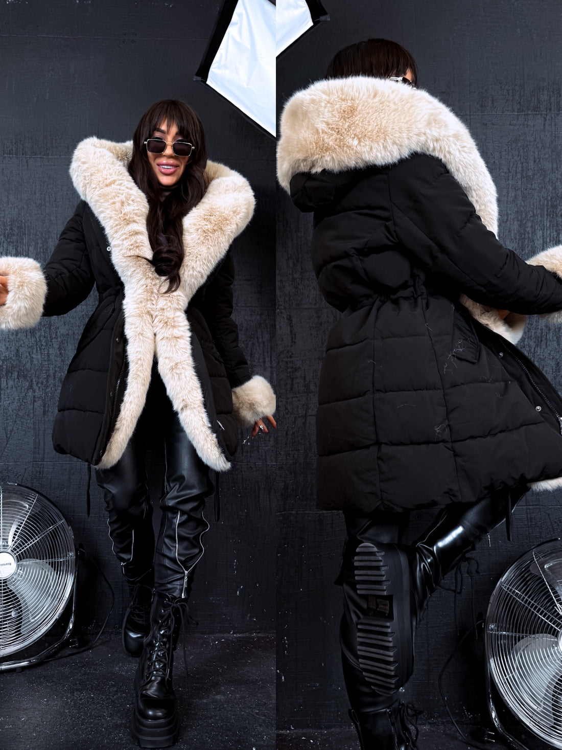 Pufīgā parka ar pūku FC7518 - melna ar bēšu PRE-ORDER